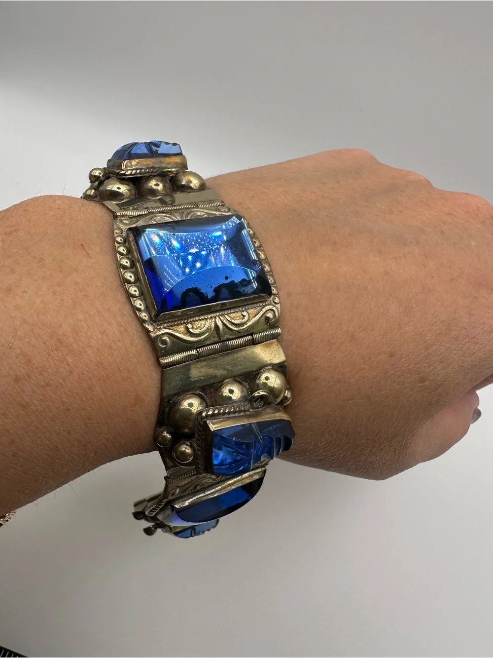 Vintage TAXCO Vintage Sterling Silver 925 Blue Glass Link Bracelet Box Closure